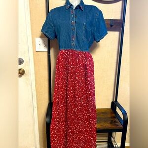 Denim and Red Floral A-Line Skirt